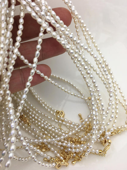 White Rice Freshwater Pearl Necklace — 3–4 mm, with Extender