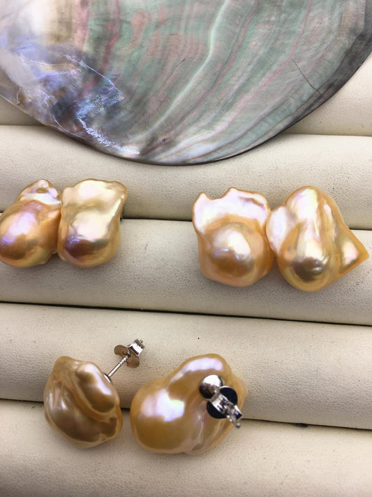 1 pair AAA 13-17mm peach orange flame ball pearl stud earrings, sterling silver, earring with gray baroque Natural Pearl, SE3-031-14