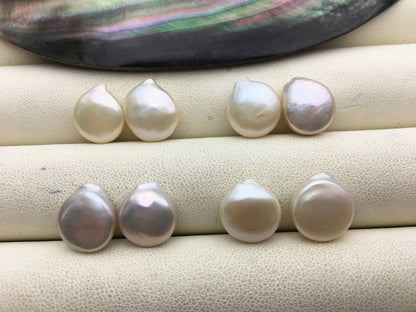 2 pairs 10.5-11.5mm AAA White Coin Freshwater Pearls Pair, high luster- Coin Pearl-petite Pearl- Pearl Jewelry, COIN11-3A-6-3