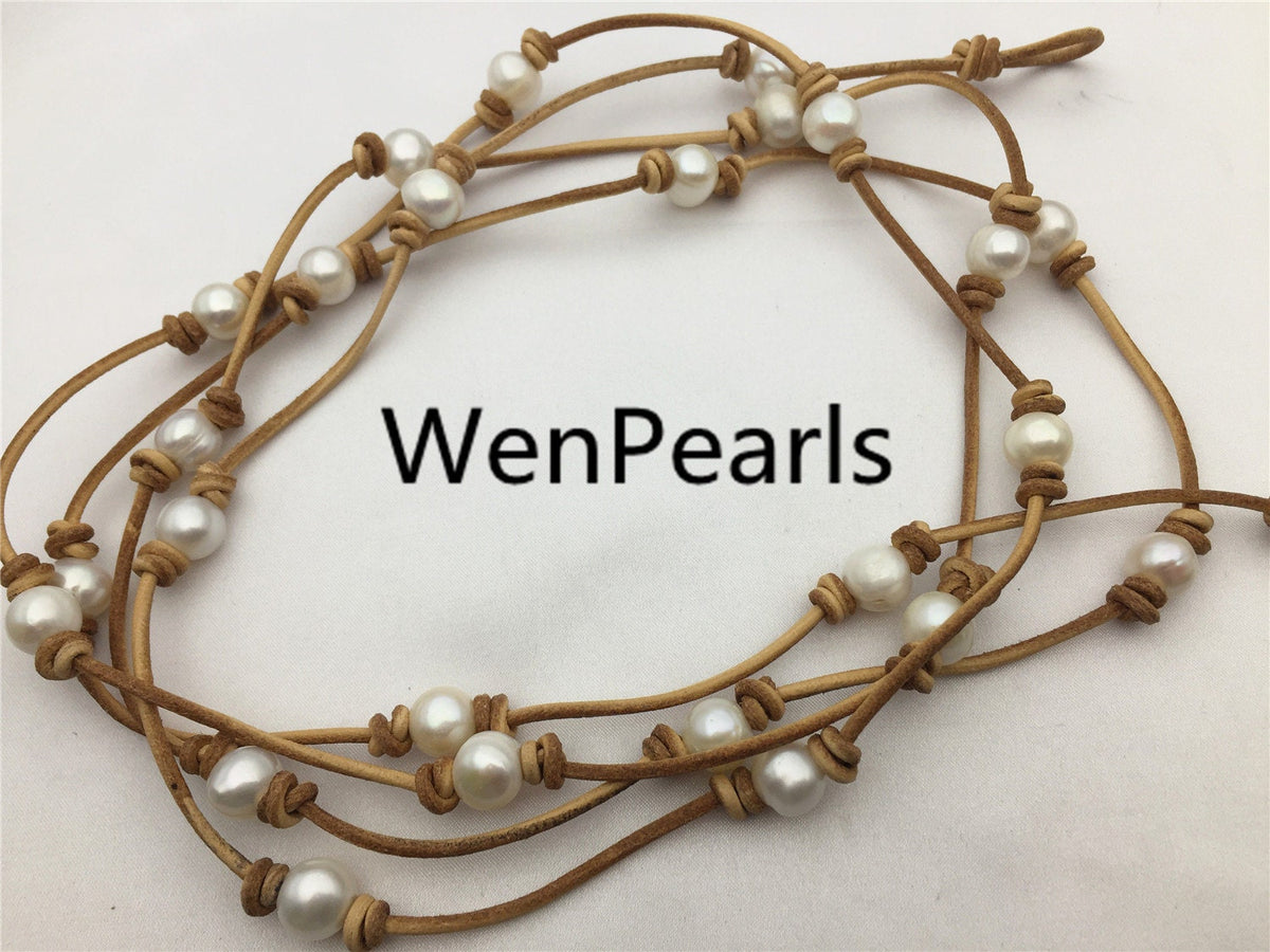Freshwater Pearl and Leather Necklace, long leather necklace, Light brown, Tan Leather Pearl necklace, Le3-050