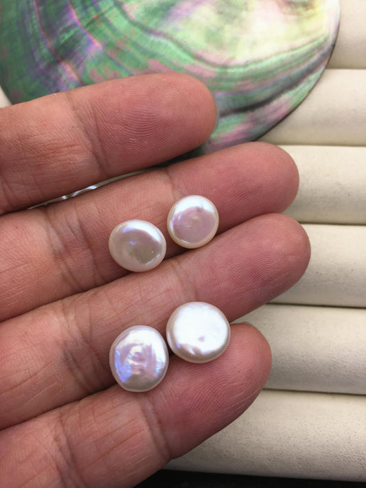 2 pairs AA+ 10-11mm White Coin Freshwater Pearls Pair, high luster- Coin Pearl-petite Pearl- 0.9mm bottom half hole, COIN10-3A-2