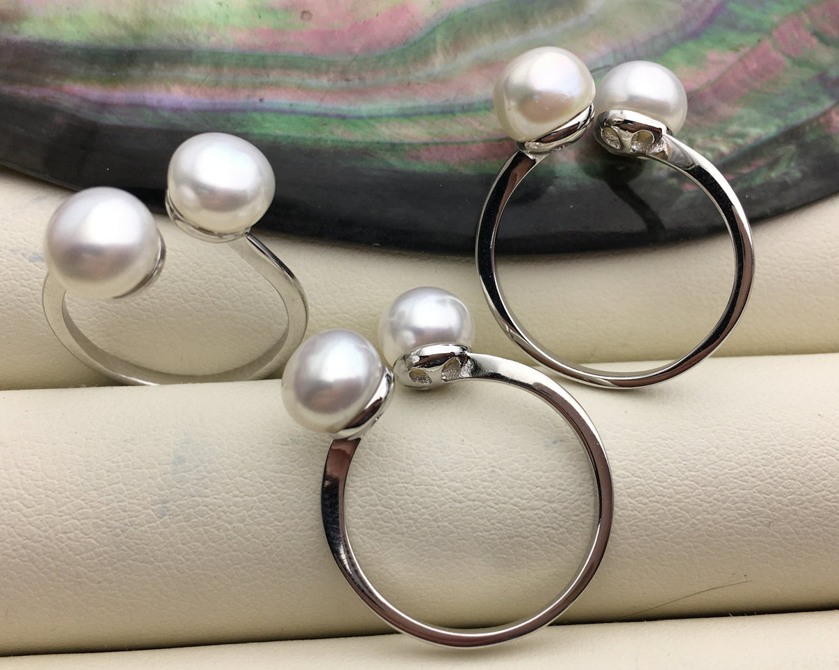 AAA white two Pearls Genuine Sterling silver ring, anniversary ring, wedding rings for women, sterling silver 925 open ring jewellery, R1-028