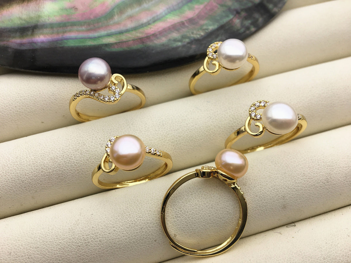 5pcs Gold Open white/pink/purple pearl ring, inexpensive engagement rings, fashion rings, fake diamond rings real pearls, R1-088-1