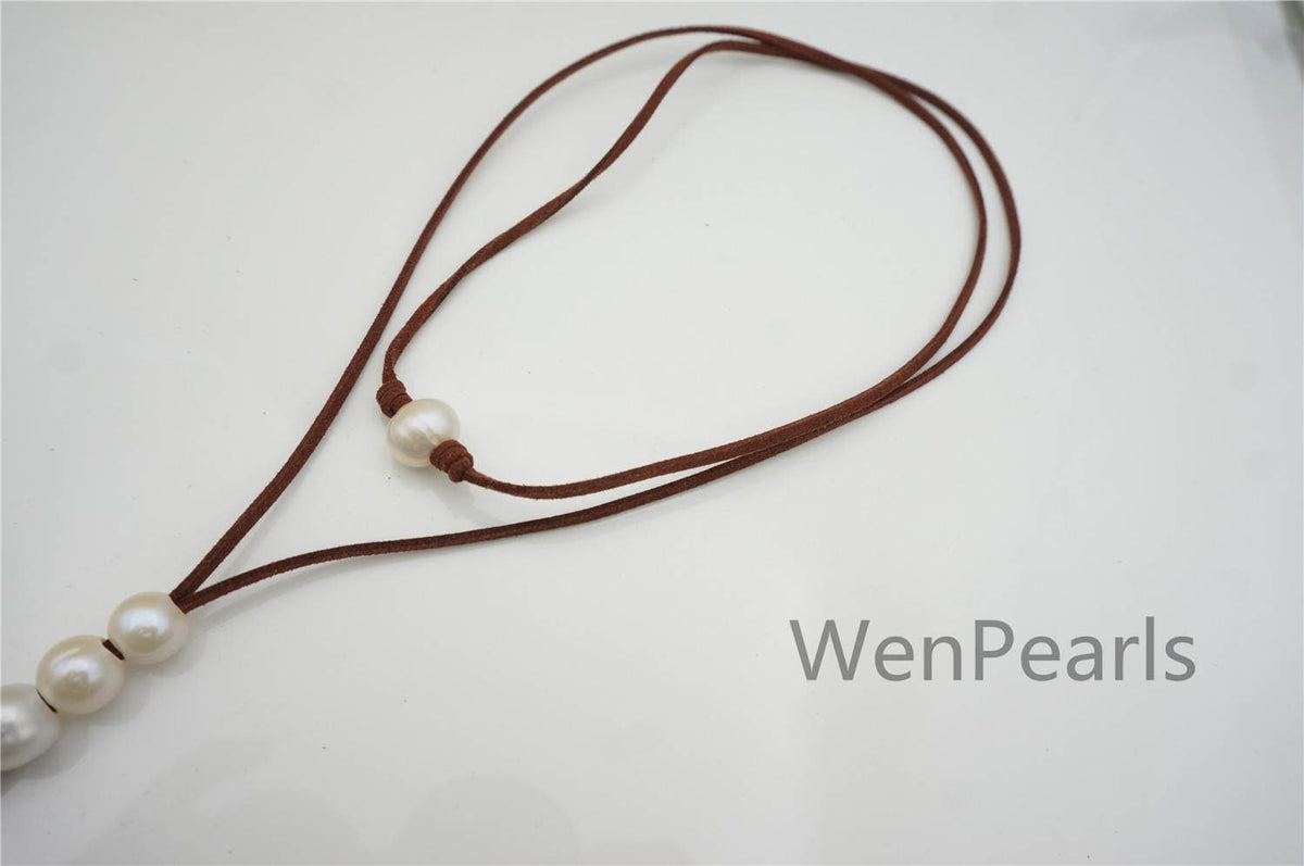 Big white pearl leather necklace, Long length necklace, jewelry gift for her, handmade pearl necklace, Le4-048
