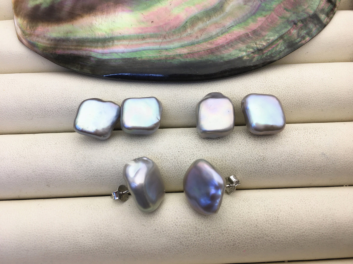 AAA 11.5-12.5mm gray Square baroque Pearl Stud Earrings,freshwater pearl earrings,Wedding,classic pearl studs,SE3-166