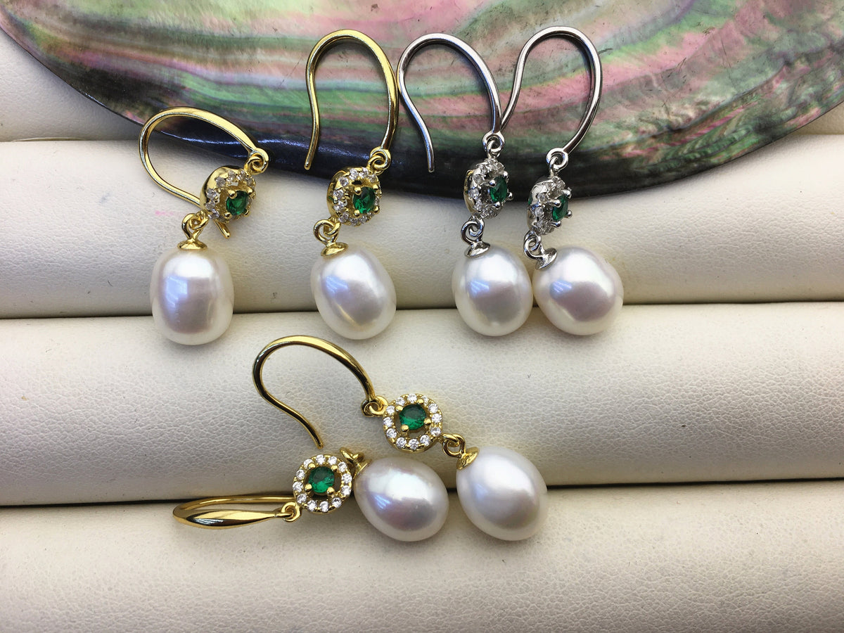 AAA 9mm White rice pearl cz stud earrings,zircon S925 Sterling Silver pearl earrings,green stone earrings,SE3-002