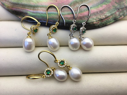 AAA 9mm White rice pearl cz stud earrings,zircon S925 Sterling Silver pearl earrings,green stone earrings,SE3-002
