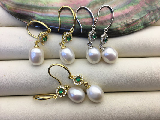 AAA 9mm White rice pearl cz stud earrings,zircon S925 Sterling Silver pearl earrings,green stone earrings,SE3-002