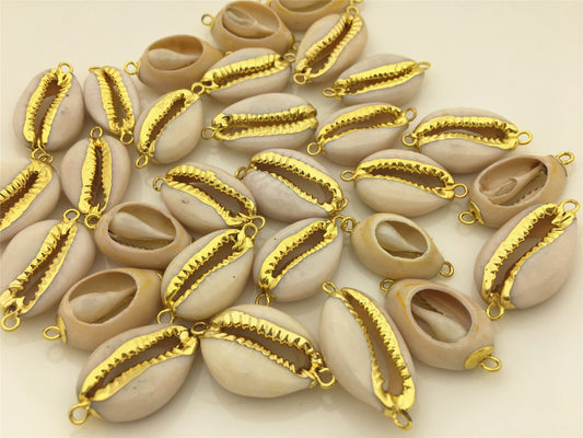 10pcs 14-16x20-22mm White Natural Cowrie Shell Connector Double Bails Sea Shell Beach Shell Handmade Gemstone Charm Making Jewelry, ACC-O-007