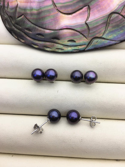 1 pair AAA 7-7.5mm Black Round Pearl Stud Earrings,Sterling Silver,Wedding,classic pearl studs,SE1-T50