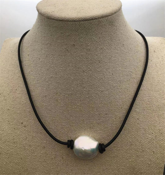 AAA White big Baroque Pearl necklace, Leather Pearl Choker, Pearl Leather Necklace, White Freshwater pearl, Black Leather Pearl necklace, Le1-081