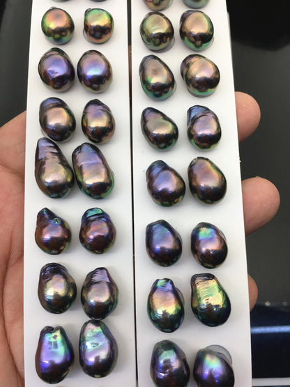 5 pairs AAA 11-12mm Black Rainbow long baroque drop edison freshwater pearl Pair,top half hole,ED11-3A-2-27
