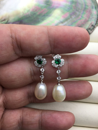 AAA 9mm White rice pearl cz stud earrings,zircon S925 Sterling Silver pearl earrings,green stone earrings,SE3-100
