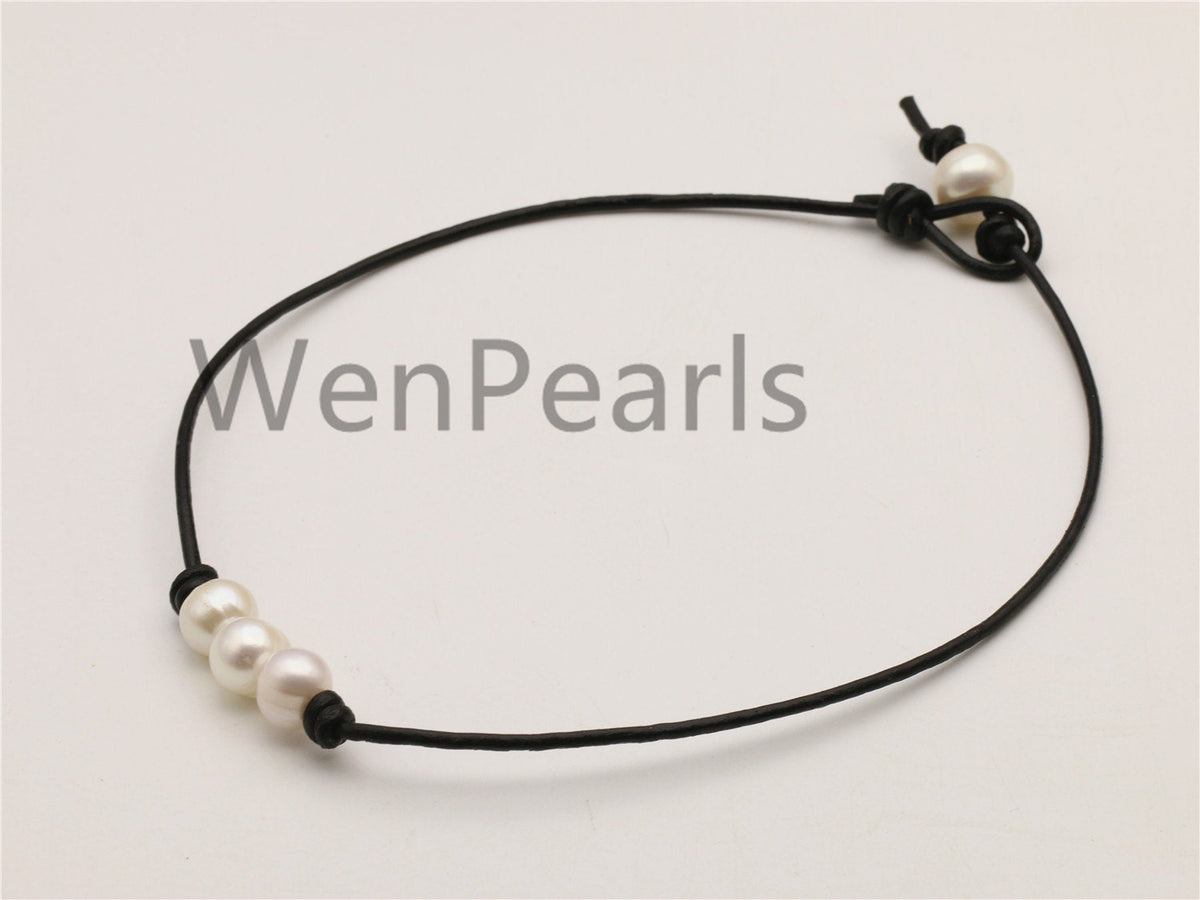 Three pearl Leather Pearls choker necklace - Genuine freshwater pearl - Real leather - wen pearls - Le4-003