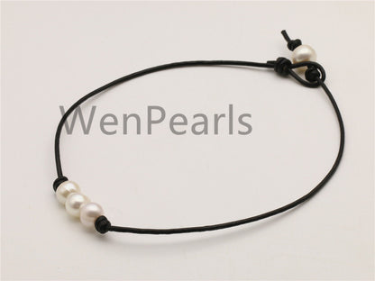 Three pearl Leather Pearls choker necklace - Genuine freshwater pearl - Real leather - wen pearls - Le4-003