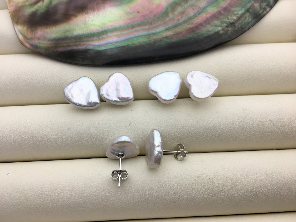 AAA 10-12mm white heart pearl stud earrings,sterling silver,earring with white baroque Natural Pearl,SE3-T31