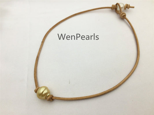 South Sea Golden Pearl Choker, Leather Necklace, High Luster pearl, Pearl Leather Necklace, Black Pearl, Black Leather Pearl necklace, Le11-014