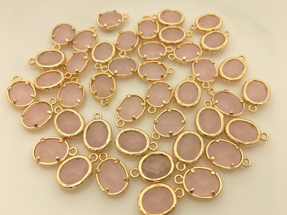 5pcs 9.5x17mm Pink Opal Ellipse Shaped faceted Pendant,Brass plated 14k gold,glass connector loop gold tone,ACC-GL-005