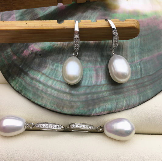 AAA 9mm White rice pearl cz dangle earrings,zircon S925 Sterling Silver pearl earrings,pearl for women for girl,SE3-044