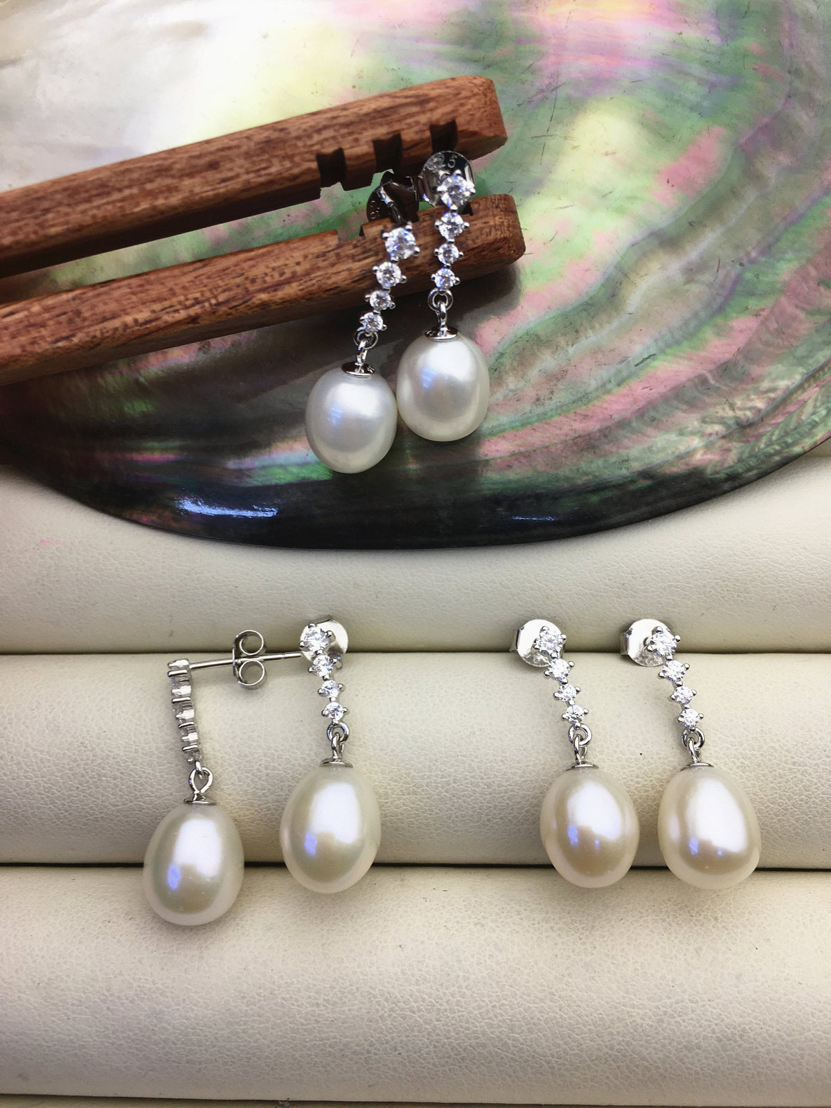 AAA 9mm White rice pearl cz stud earrings,zircon S925 Sterling Silver pearl earrings,pearl for women for girl,SE3-T26