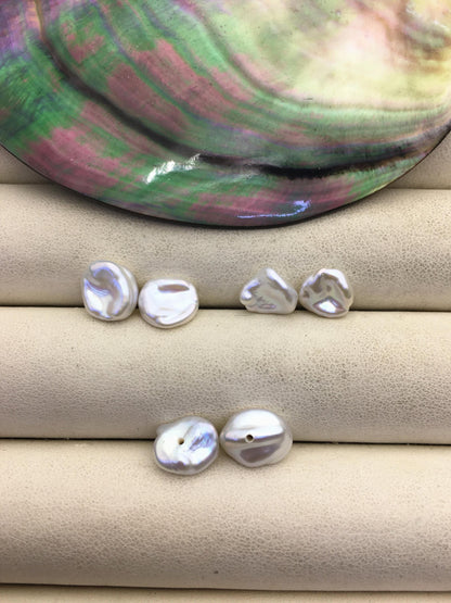 2 pairs AAA 8-9mm White keshi pearls Pair, for make stud earrings, baroque pearl, loose pearl beads, bottom half hole, ZS-127-34