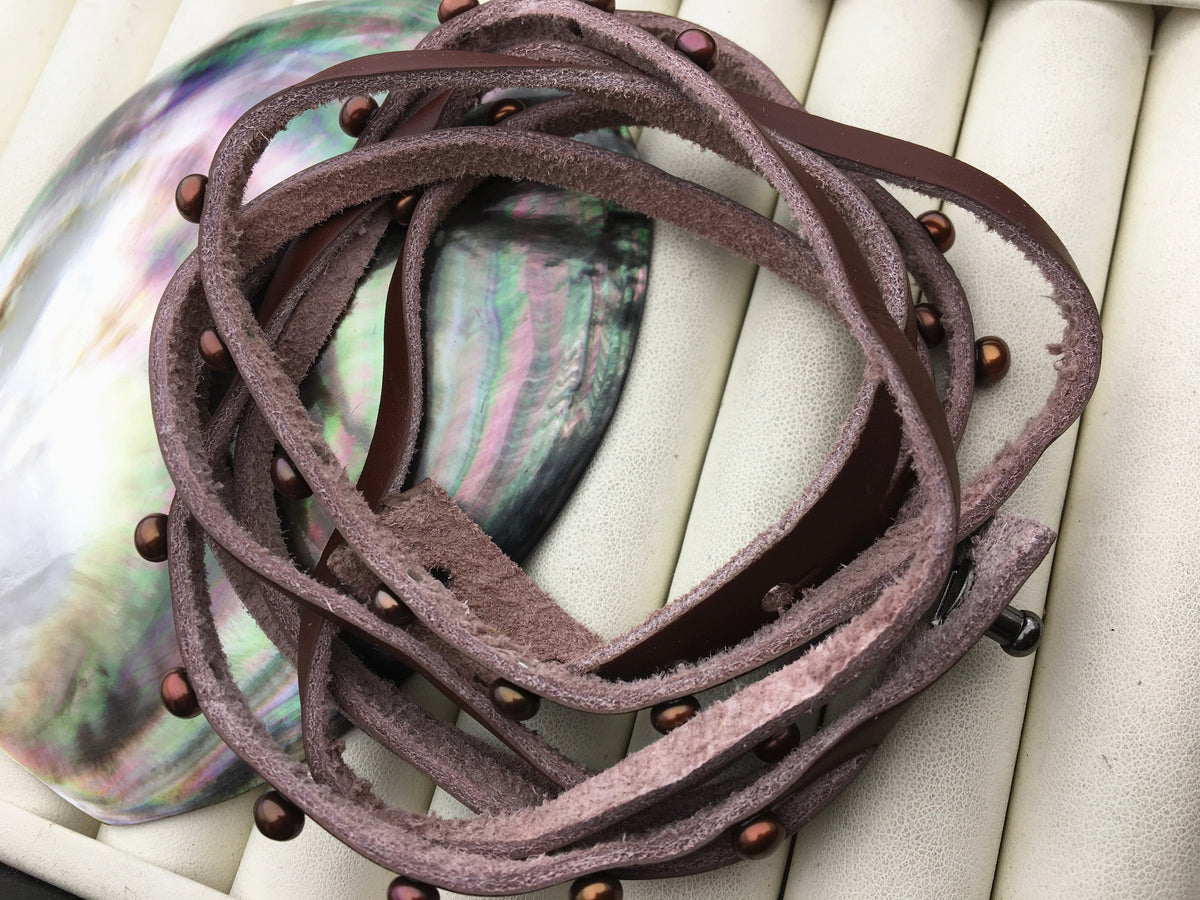 17 inches pearl leather Bracelet, Handmade Cuff,brown Pearls on Brown Leather,B8-059