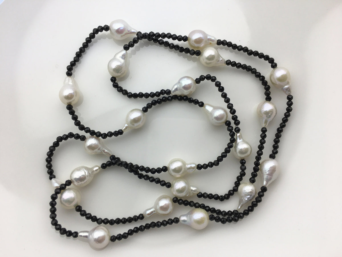 Shine!31'' AAA 7-8mm white teardrop pearl black spinel Necklace,NPN1-073
