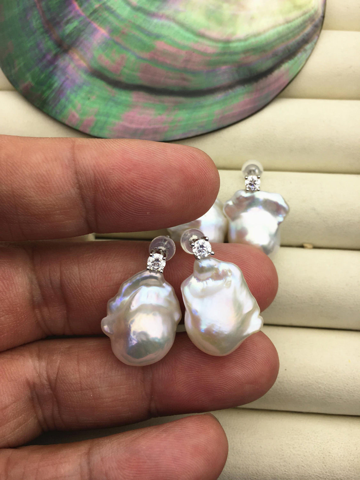 1 pair AAA 13-16mm flame ball pearl diamond stud earrings, sterling silver, earring with white baroque Natural Pearl, SE3-031-16