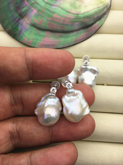 1 pair AAA 13-16mm flame ball pearl diamond stud earrings, sterling silver, earring with white baroque Natural Pearl, SE3-031-16