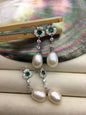 AAA 9mm White rice pearl cz stud earrings,zircon S925 Sterling Silver pearl earrings,green stone earrings,SE3-100