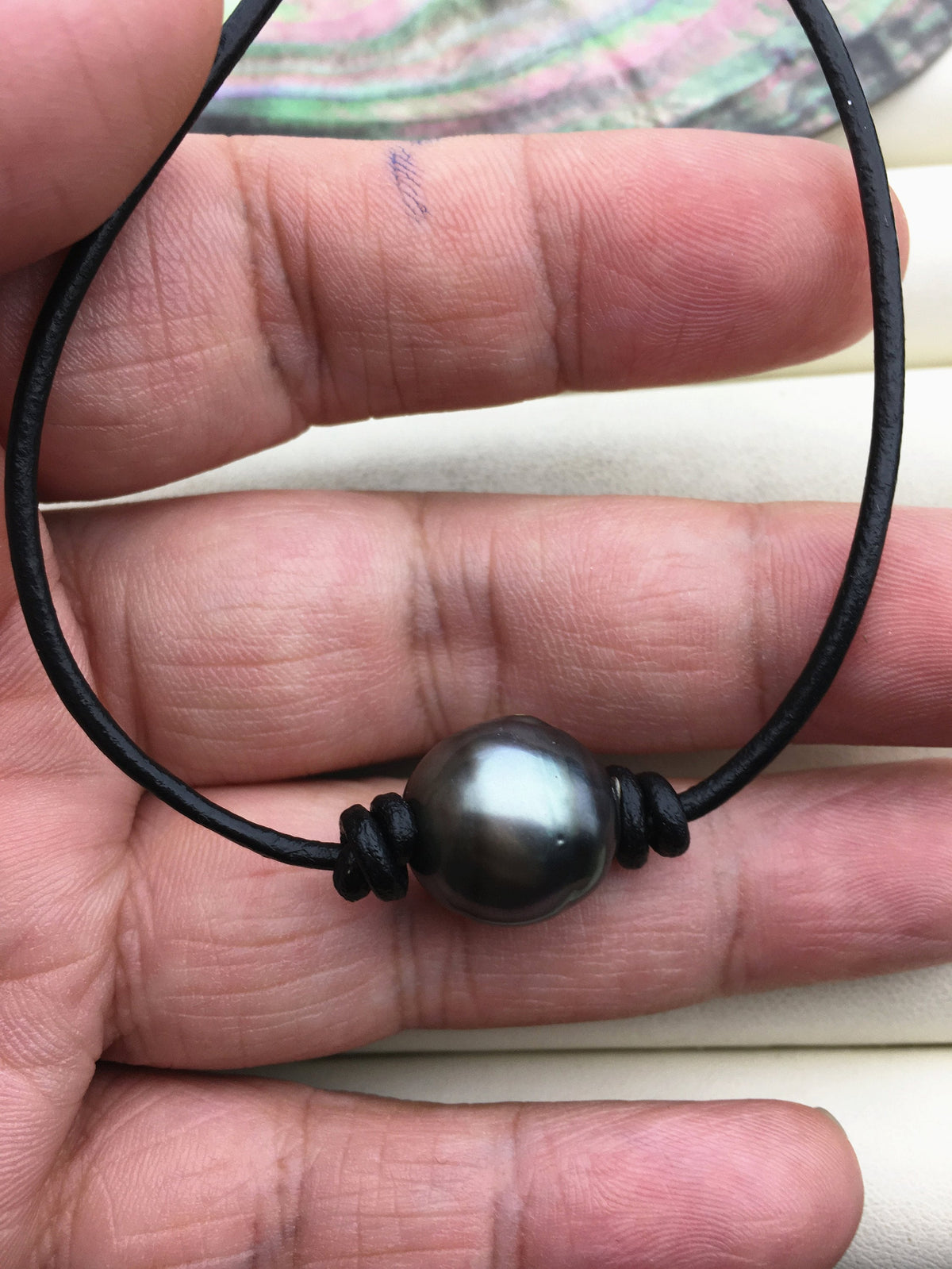 1pc 13-15mm huge big Green Black Tahitian Pearl Choker Necklace, Pearl Leather Necklace, Black Leather Pearl necklace, Le11-005