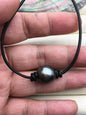 1pc 13-15mm huge big Green Black Tahitian Pearl Choker Necklace, Pearl Leather Necklace, Black Leather Pearl necklace, Le11-005