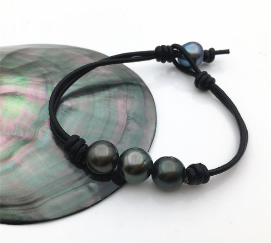 11mm Three Round Green Black Tahitian pearl Leather Cord bracelet,SELECT leather color, Pearl Leather bracelet,Le10-012