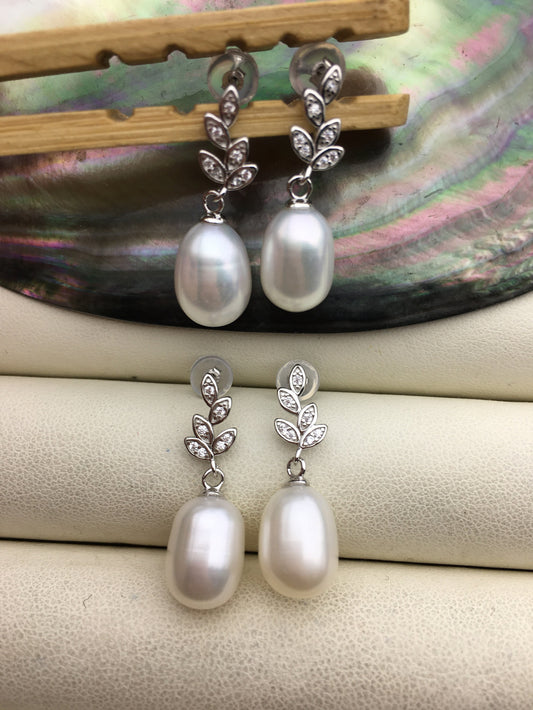AAA 9mm White rice pearl Leaf cz stud earrings,S925 Sterling Silver pearl earrings,pearl for women for girl,SE3-103