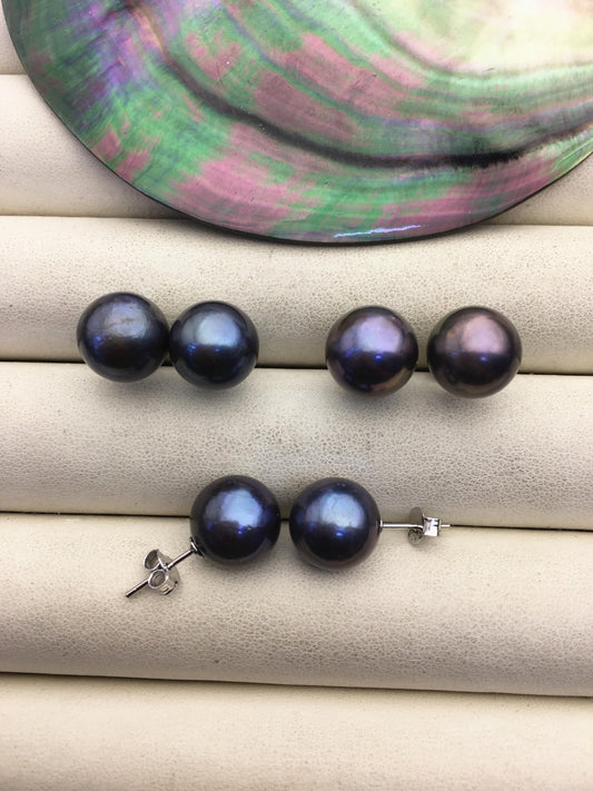 1 pair AA+ 11-12mm black round edison pearl stud earrings, S925 Sterling Silver stud earrings, wedding pearl earrings, SE3-T9-7