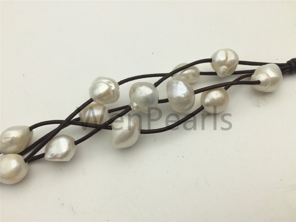 13-15mm very very big pearl - 4 rows Leather Pearls Bracelet - Genuine freshwater pearl - Real leather - Le7-082