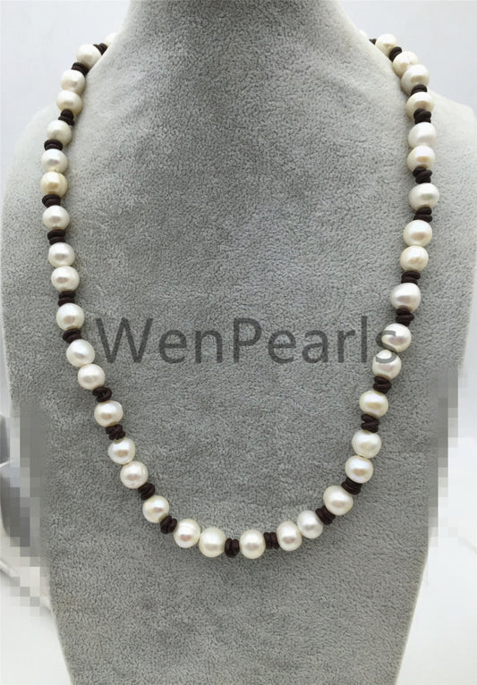 Freshwater Pearl and leather necklace, leather hand knotted necklace, Genuine Freshwater Pearl Necklace, white pearl necklace, wholesale, Le4-011