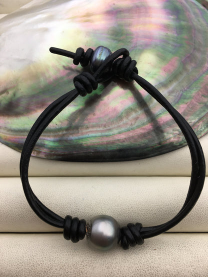 11-13mm big Single Drop Gray Green Tahitian pearl Leather Cord bracelet, SELECT leather color, Pearl Leather bracelet, Le10-004
