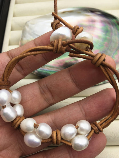 Rice white pearl leather necklace, twisted leather pearl bracelet, knotted freshwater pearl bracelet, Leather Pearls Bracelet, Le21-004