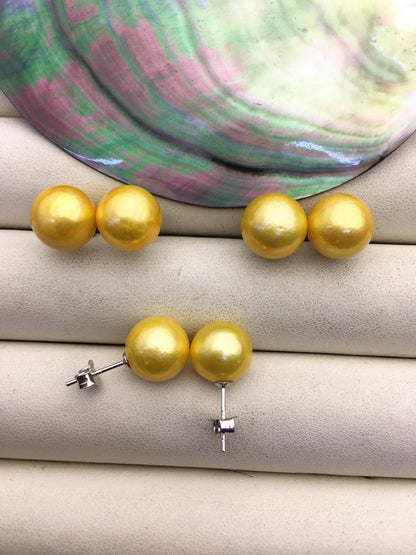 1 pair AA+ 10-11mm yellow round edison pearl stud earrings, S925 Sterling Silver stud earrings, wedding pearl earrings, SE3-T9-13