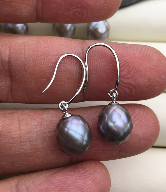 AAA 9-10mm gray handmade carved rice pearl dangle earrings, Sterling Silver, dangle pearl earrings, wedding earring, bridal, SE3-042