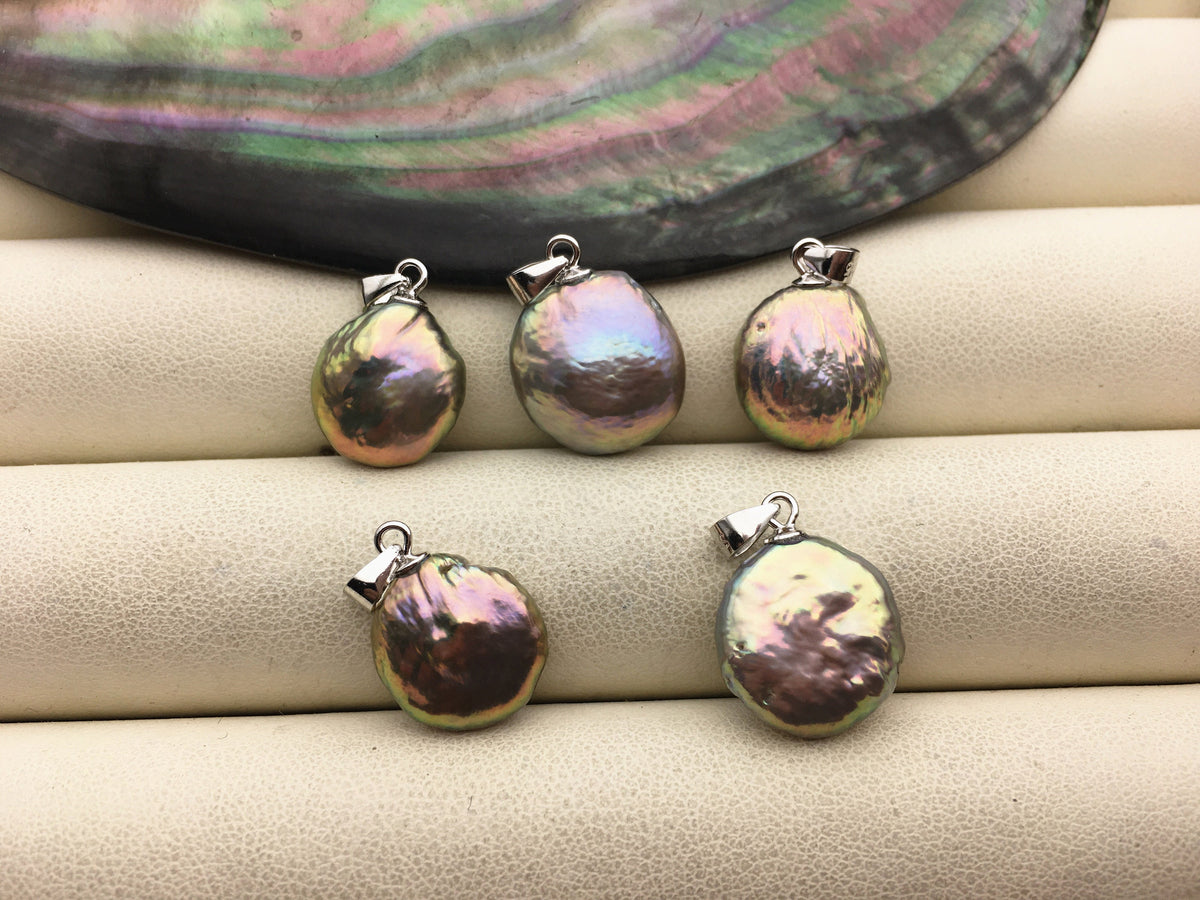 1pc 12-14mm rainbow coin freshwater pearl pendant necklace,S925 Sterling silver pendant,NC1-T40