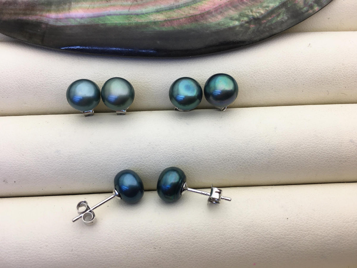 AAA 7-8mm Green Button Round Pearl stud earrings,Sterling Silver,SE1-T23