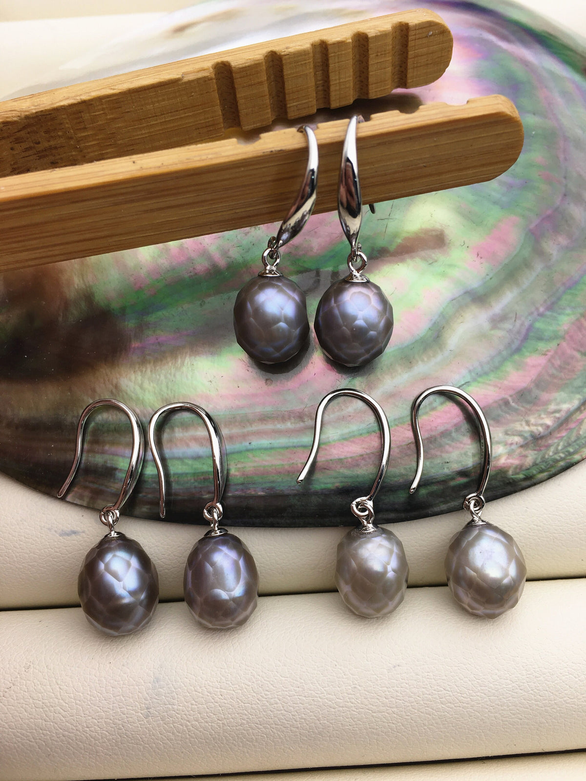 AAA 9-10mm gray handmade carved rice pearl dangle earrings, Sterling Silver, dangle pearl earrings, wedding earring, bridal, SE3-042