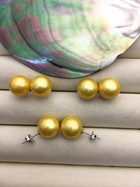 1 pair AA+ 11-12mm yellow round edison pearl stud earrings, S925 Sterling Silver stud earrings, wedding pearl earrings, SE3-T9-37