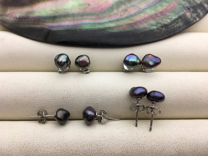 1 pair AAA 6-7mm Black blue keshi Freshwater Pearl Stud Earrings,Stud Earrings for Women Girls,SE3-025