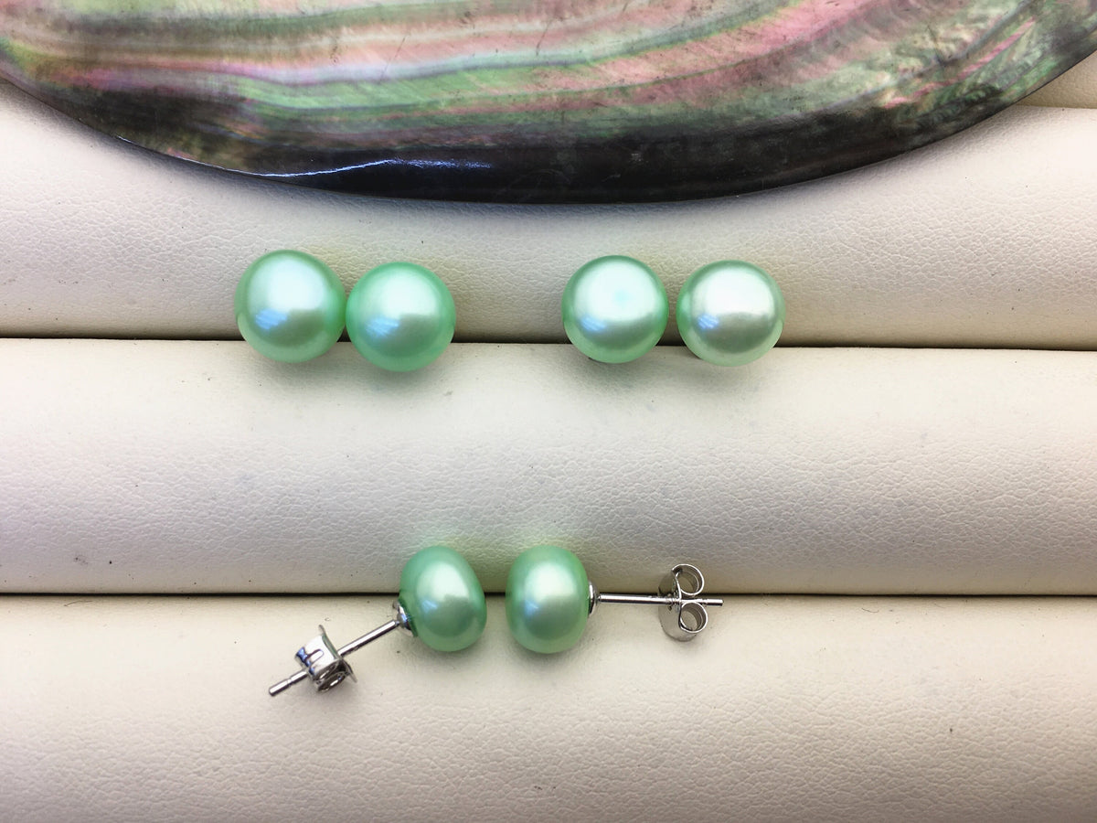 AAA 8-8.5mm Green Pearl earrings,Sterling Silver,Peacock Green Fresh Water Pearl Studs,Green pearl earring,SE1-T8