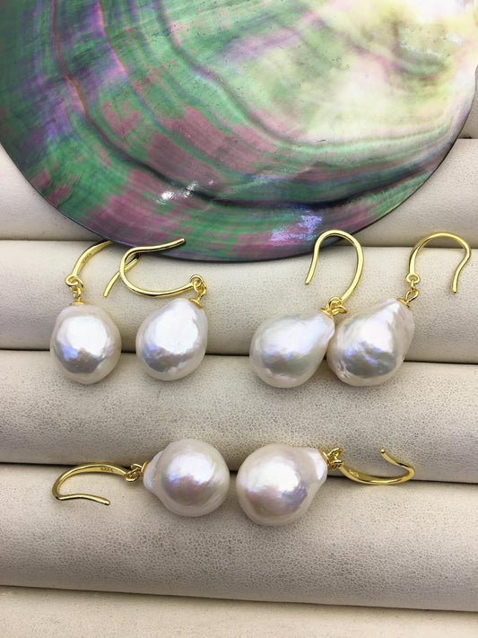 1 pair AAA 12-13mm white baroque drop edison pearl dangle earrings, 925 silver gold-plated earrings, wedding pearl earrings, SE3-T9-24