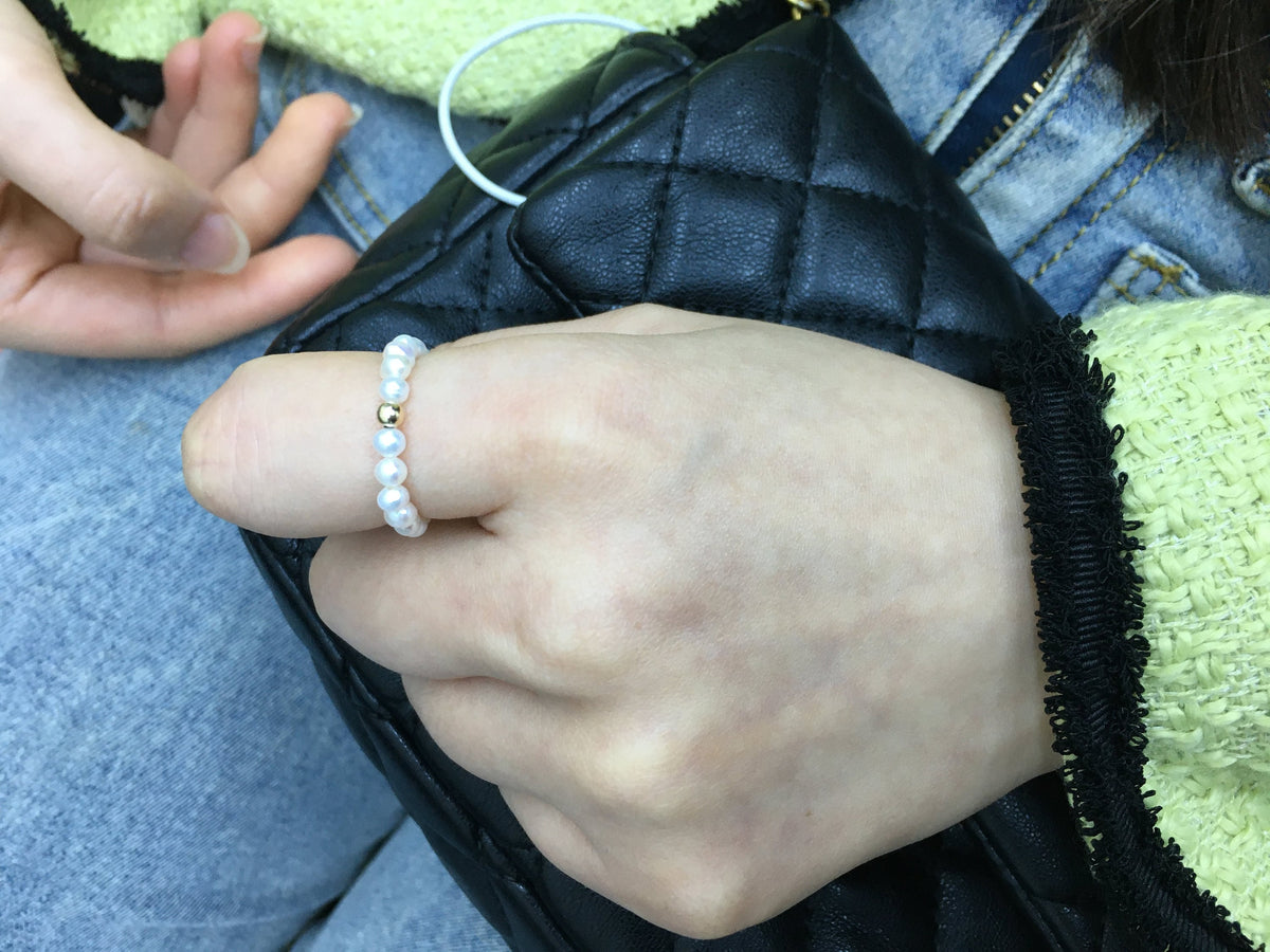 2pcs Fashion AAA 3-4mm tiny gray round pearl 14k goldfilled gold ball elastic ring,R1-025