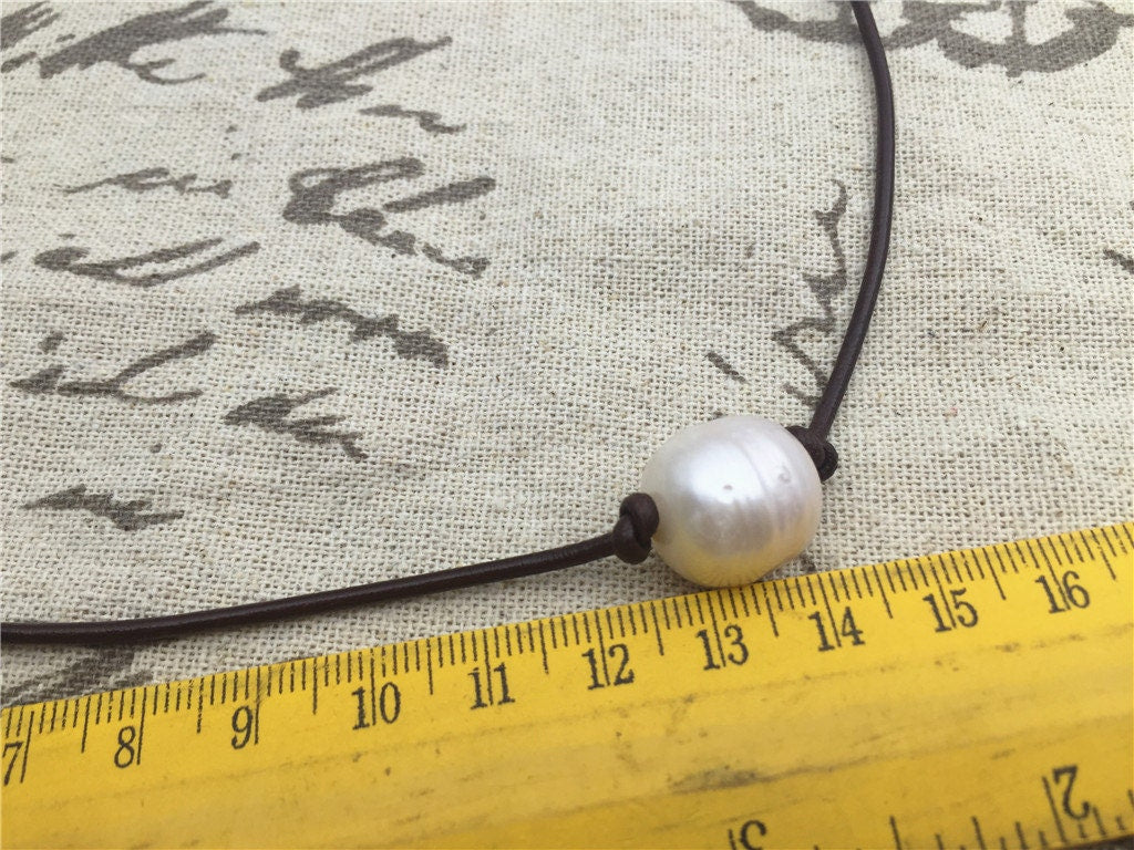 12mm Very Big Rice Pearl Leather Choker Necklace, Pearl Leather Necklace, freshwater rice pearl necklace, Le1-073